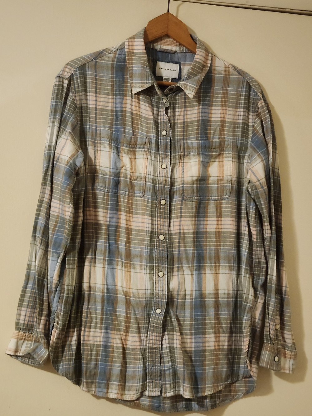 American Eagle  Plaid Button-Up Western Shirt in Blue/Brown/Cream Pearl Snap XS